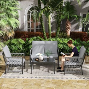 4 Piece Rattan Garden Furniture Set, 4 Seater Wicker Patio Conversation Set With 2 Armchairs, Loveseat, Glass Top Coffee Table And Cushions For Outdoor, Balcony, Grey