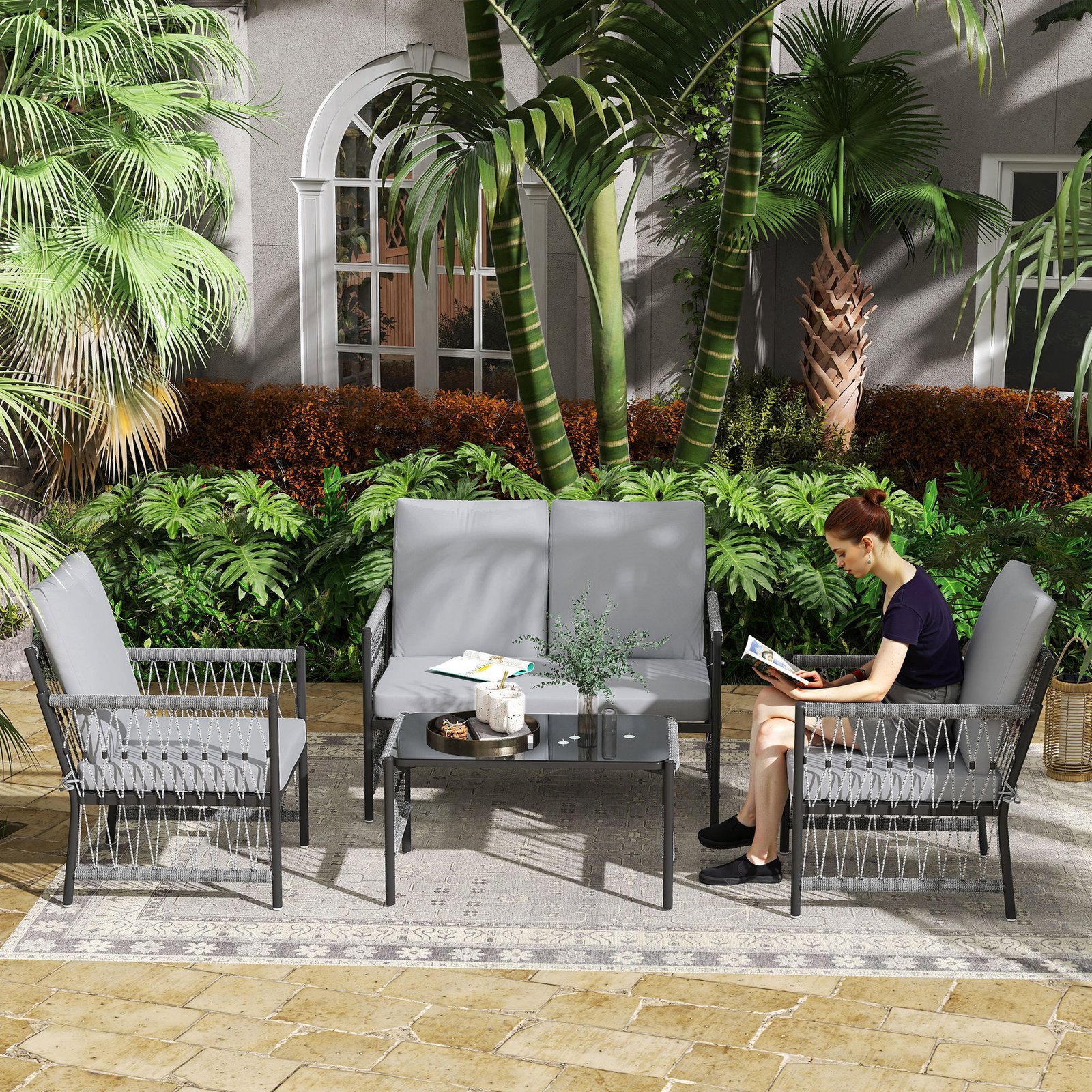 4 Piece Rattan Garden Furniture Set, 4 Seater Wicker Patio Conversation Set With 2 Armchairs, Loveseat, Glass Top Coffee Table And Cushions For Outdoor, Balcony, Grey - Image 2