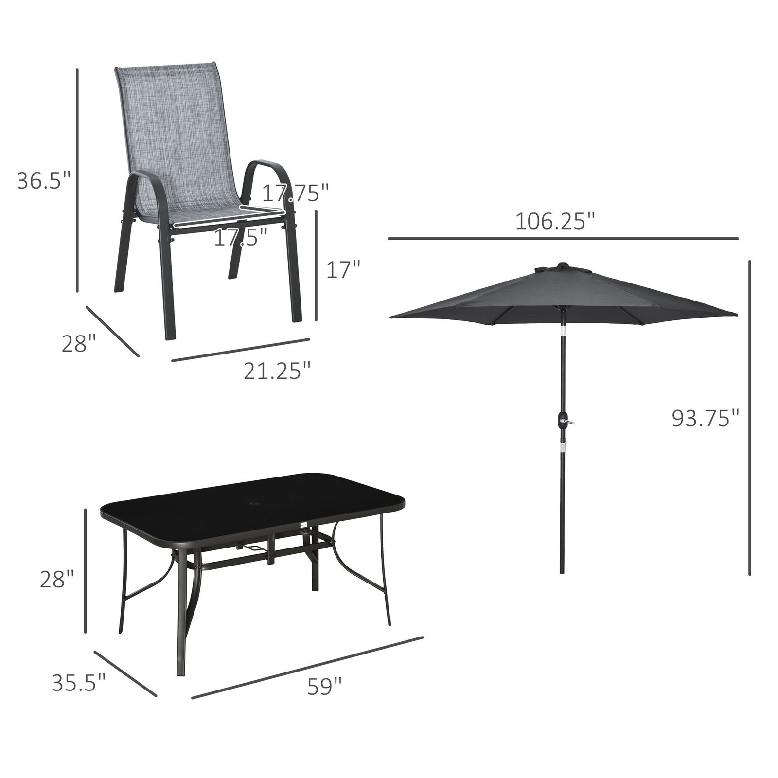 8 Pieces Patio Furniture Set with 9Ft Patio Umbrella, Outdoor Dining Table and Chairs, 6 Chairs, Push Button Tilt and Crank Parasol, Tempered Glass Top, Gray - Image 3