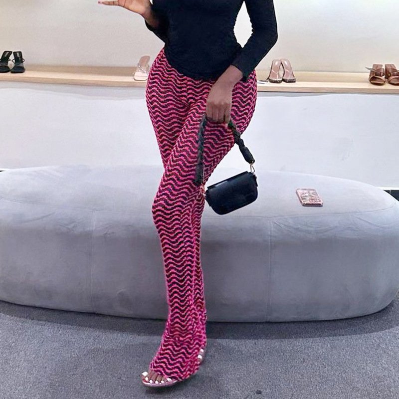 European And American Summer Casual Slim-fit Figure Flattering Hip Lifting Trousers Flow Ripple Hollow Pile Pants - Image 3