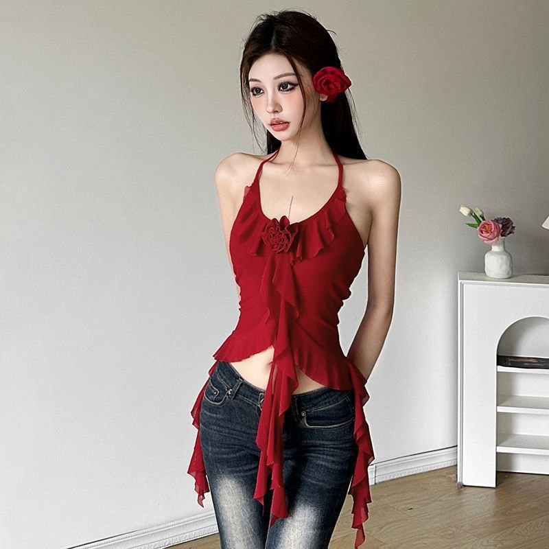 Pure And Alluring Three-Dimensional Floral Halterneck Sleeveless Tank Top - Image 2