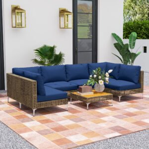 7 Piece Wicker Patio Furniture Set, Modular Outdoor Sectional with Thickened Cushions, Acacia Wood Table, Brown/Blue