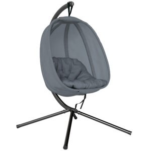 Hanging Egg Chair, Folding Texteline Swing Hammock With Side Pocket, Cushion And Stand For Indoor Outdoor, Patio Garden Furniture, Grey