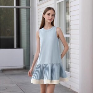Womens Crew-Neck Vest Pleated Patchwork Sleeveless Dress