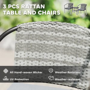 3 Pieces Rattan Bistro Set With Cushions, Wicker Garden Furniture Set, Glass Top Coffee Table And Chairs For Outdoor Patio, Balcony, Terrace And Conservatory, Grey