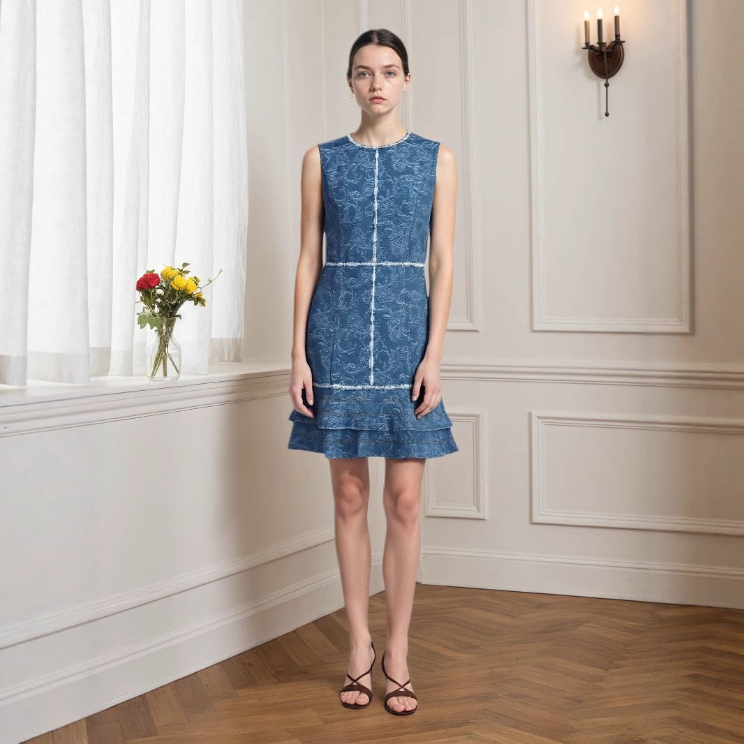 Women's Blue-and-white Printed Denim Dress - Image 2