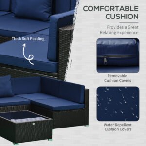 7-Piece Rattan Couch, Outdoor Patio Furniture Set, With Removable Cushions And Ottoman, Glass Coffee Table- Dark Coffee  Blue