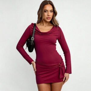 Sophisticated Mature-chic Design Wine-red Turtleneck Long-sleeve Figure-hugging Sheath Dress For Fall And Winter