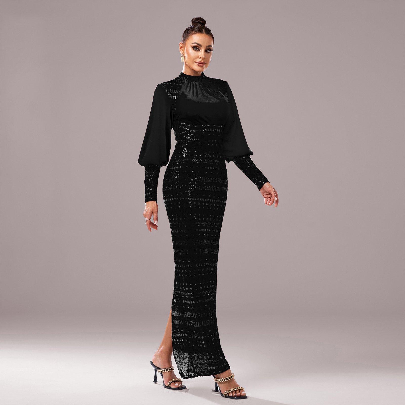 Long Sleeve Round Neck Sequins Slit Evening Dress - Image 2