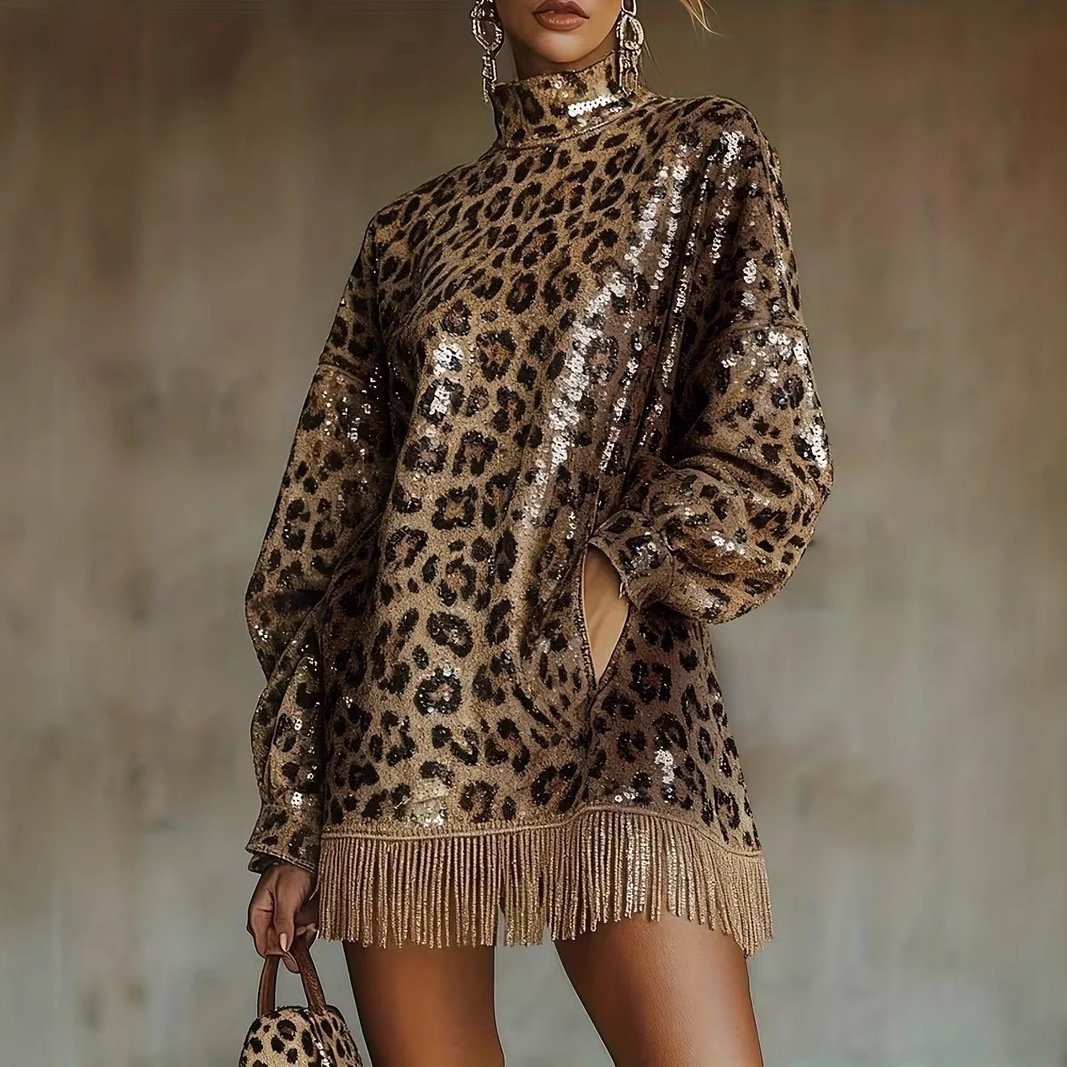 Metallic Brown Sequin High Neck Long Sleeve Tassel Design Cropped Dress With A Leopard Print - Image 6