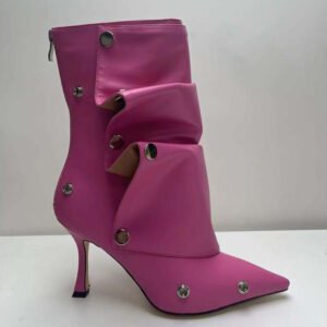 Women's High-heeled Pointed-toe Denim Patchwork Ankle Boots With Metal Studs