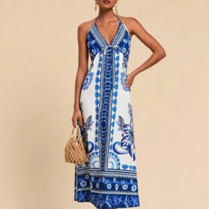 Womens Woven Printed Backless Halter Maxi Dress For Vacation