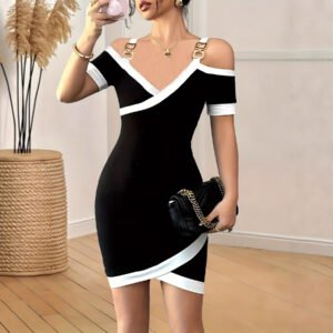 Womens Fashion V-Neck Golden Buckle Slanted Stripe Dress