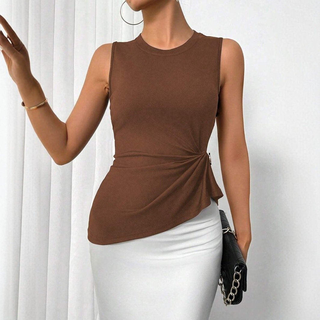 Solid-color Pleated Waist-cinching Sleeveless Top For Women - Image 3