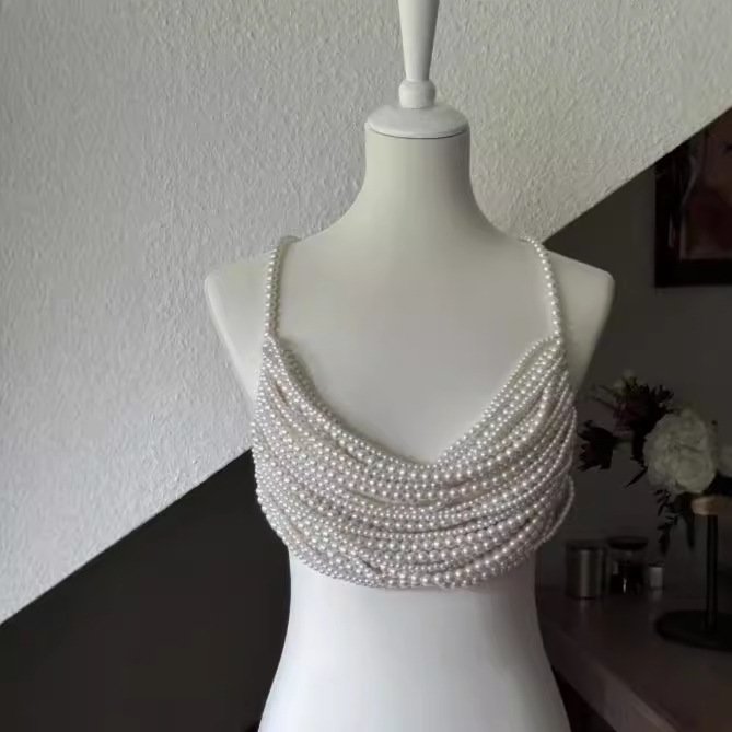 Multi-layer Pearl Handmade Stitching Fashionable Exquisite Halter Top Vest - Image 3
