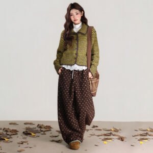 Polo Collar Striped Single-breasted Knitted Sweater Long Sleeve