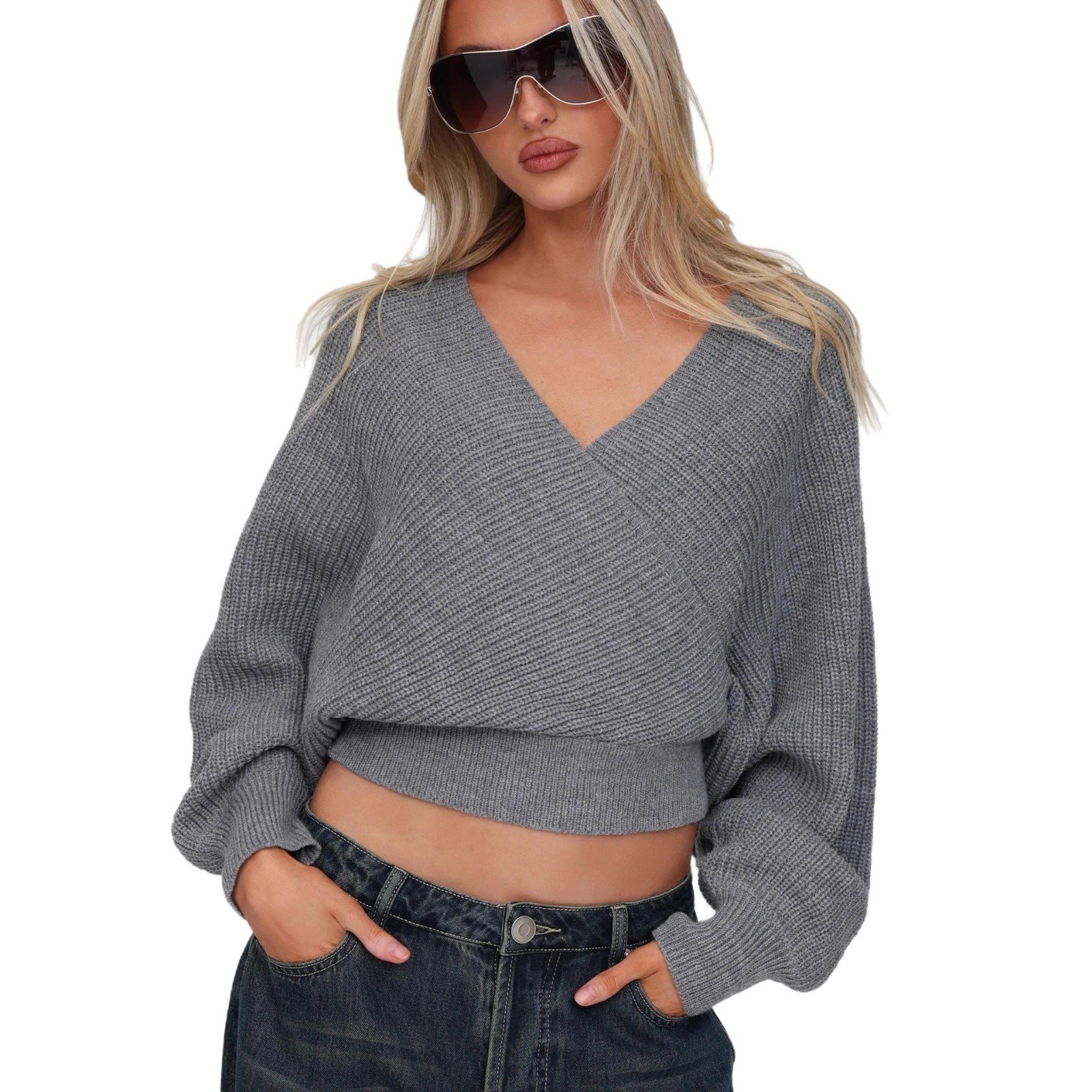 Cropped V-neck Long-sleeve Pullover Knit Sweater - Image 5