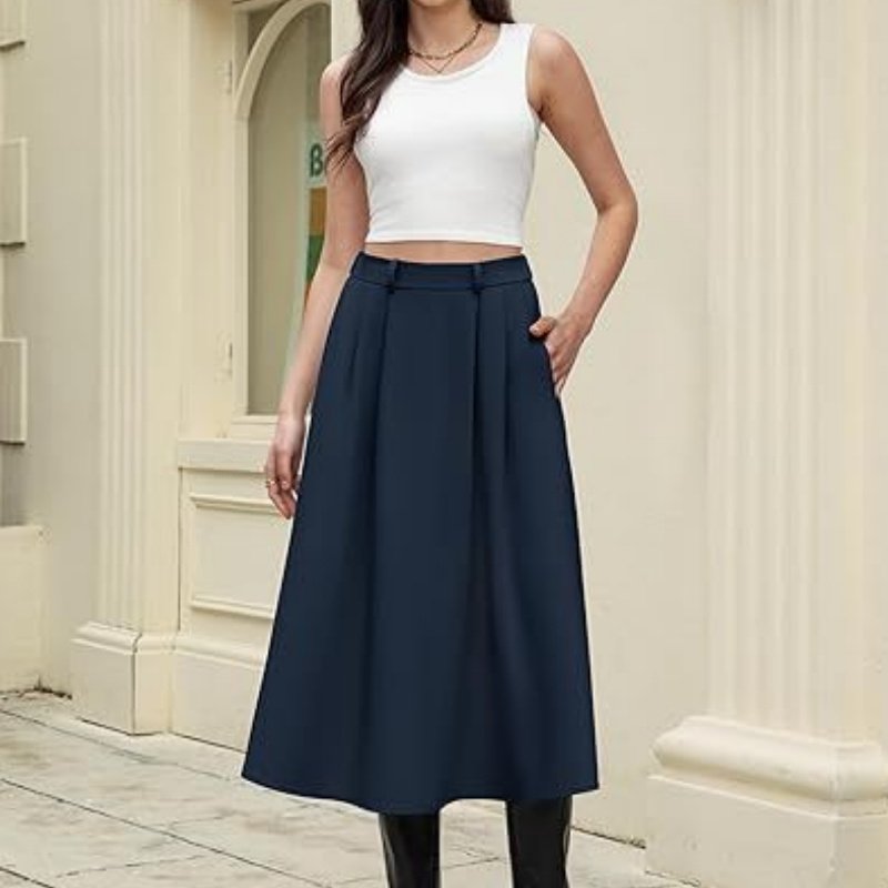 Business-casual Flared A-line Pleated Skirt With Pockets