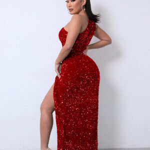 Foreign Trade Sleeveless One Shoulder Slash Neck Sequins Gorgeous Slit Women's Dress