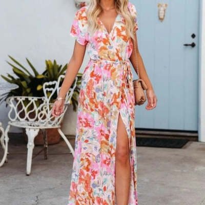 Fashion Printed Short Sleeve Lace-up Dress Women's Clothing - Image 2
