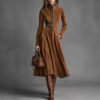 Elegant Retro Suede Zip Waist Tie Long Dress A-line Skirt