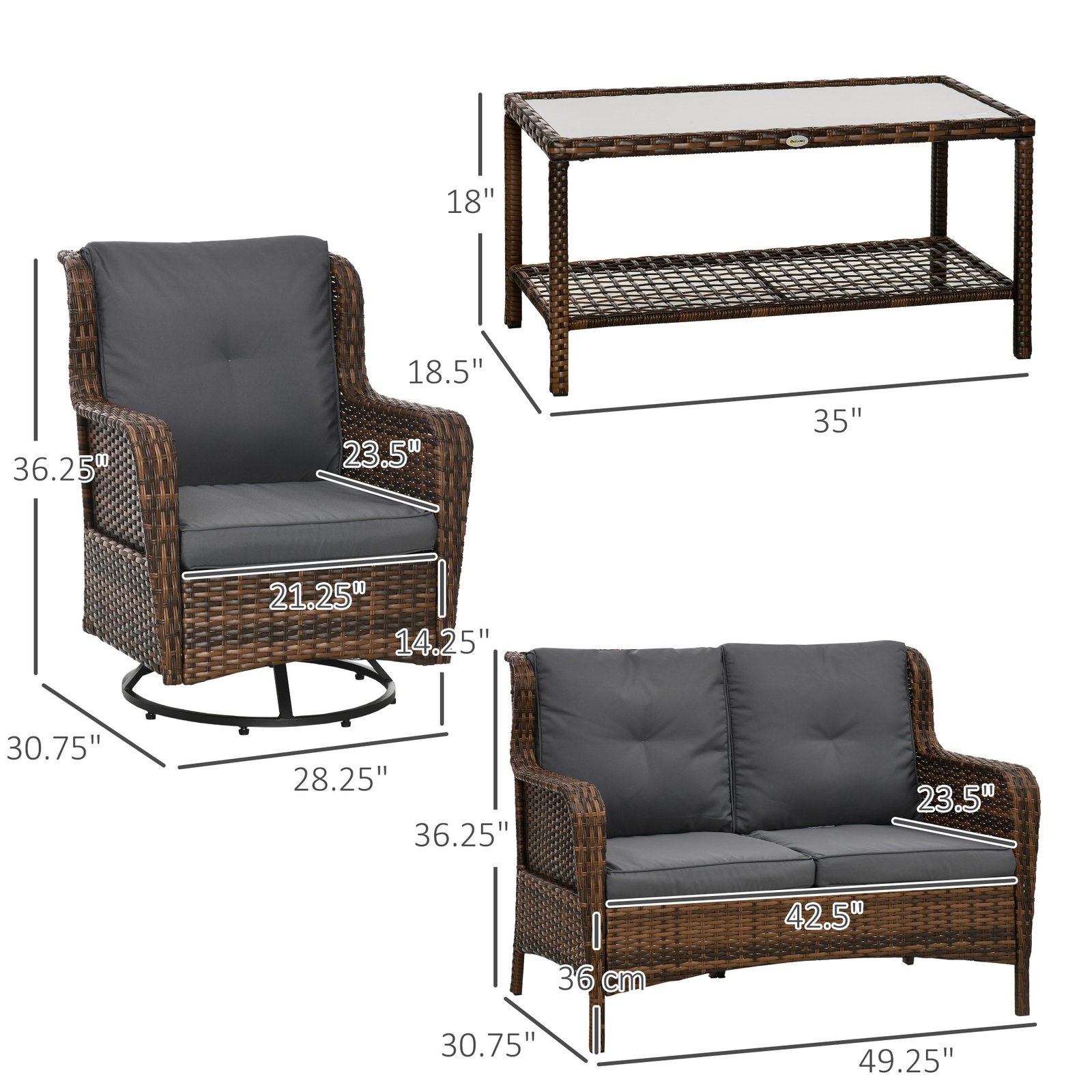 4 Piece PE Rattan Outdoor Patio Furniture Set, Wicker Conversation Set with 2 Swivel Glider Chairs, 2-Tier Glass Table and Loveseat for Garden, Patio, Poolside, Gray - Image 3