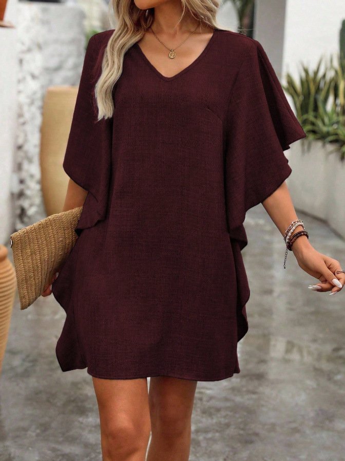 Solid-color Loose-fitting Flowing V-neck Dress With Ruffled Hem - Image 8