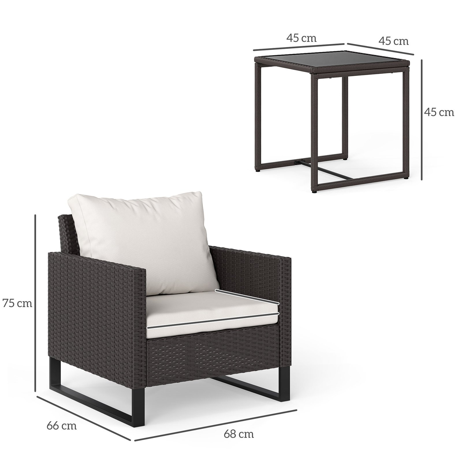 3 Pieces Rattan Bistro Set With 4 Cushions, Wicker Garden Furniture Set, Glass Top Coffee Table And Chairs For Outdoor Patio, Balcony, Terrace And Conservatory, Brown - Image 3