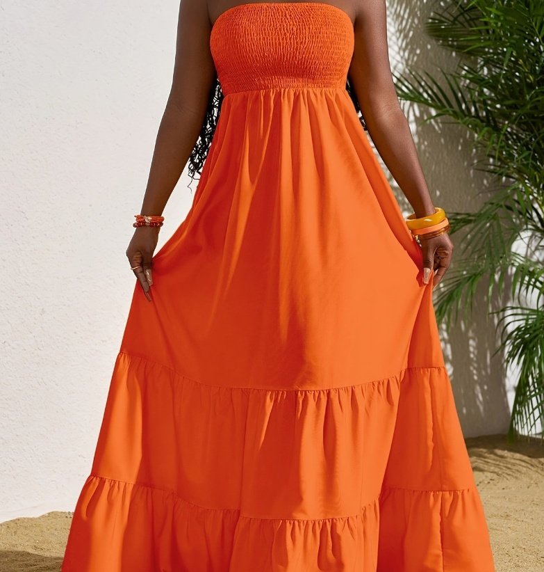 Vibrant Strapless Pleated Multi-layered Full Skirt Dress, Women's Sleeveless Long Resort Style Dress