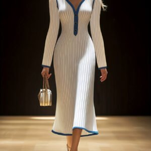 Elegant Long-sleeve Contrast Color Knit Dress With V-neck