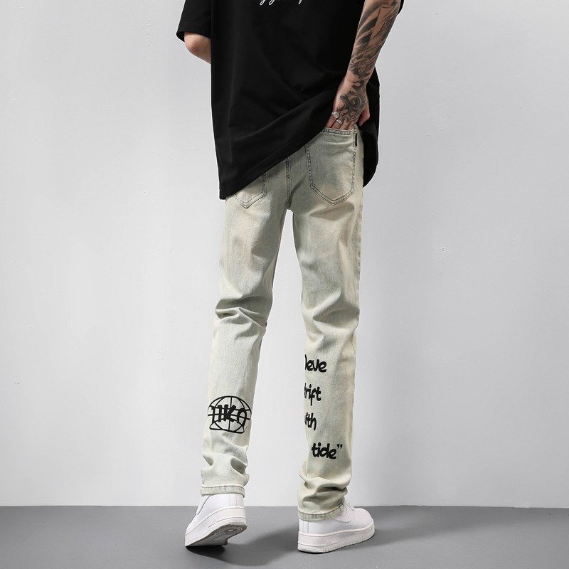 American Vintage Washed Distressed Yellow Mud Dye Letter Print Jeans - Image 2