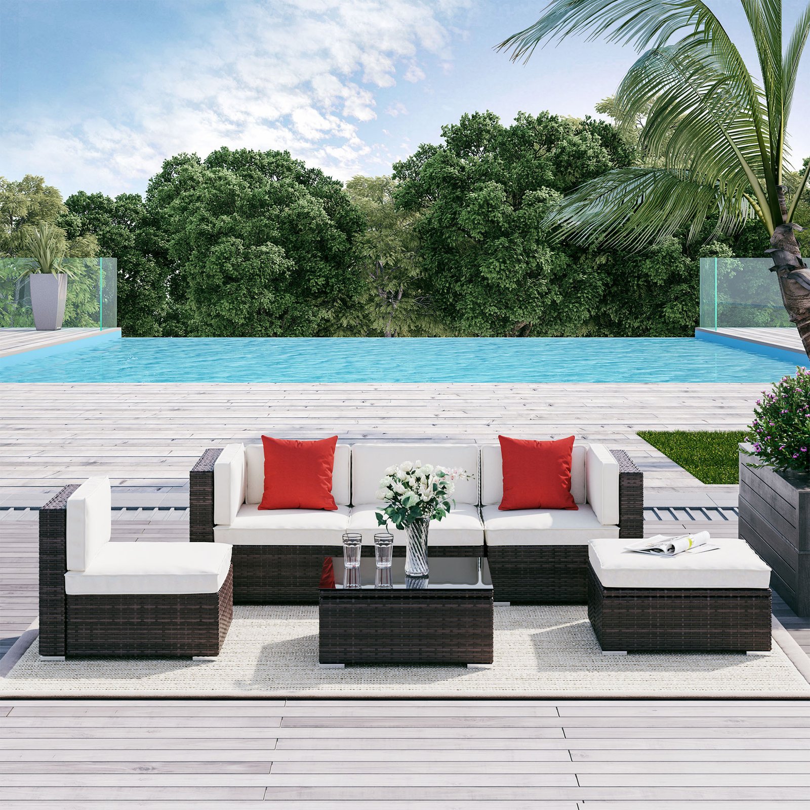6 Piece Patio Furniture Set Outdoor Wicker Conversation Set All Weather PE Rattan Sectional Sofa Set with Ottoman, Cushions and Tempered Glass Table, Mixed Brown and Cream White - Image 2
