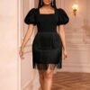 Retro Black Bubble-sleeve Tassel Dress