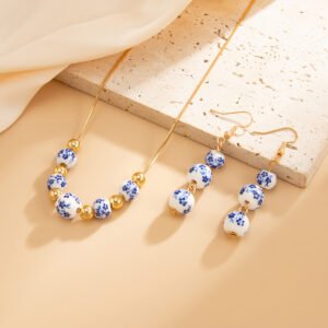 Blue And White Porcelain Round Beads Tassel Necklace Simple All-match Flower Earrings