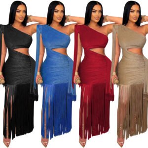 Fashionable Womens Sexy Casual One-Shoulder Tassel Dress