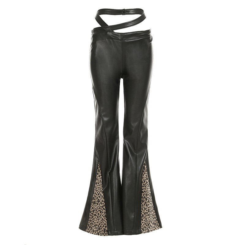 Lace Stitching Leather Bell-bottom Pants - Image 6
