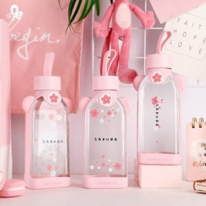 Flat Bottle Silicone Jacket Glass Glass Flower Cute Girl Heart Glass