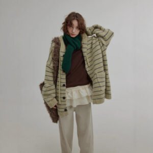 Versatile Contrast Color Striped Hooded Knitted Vintage Artistic Lazy Mid-length Sweater