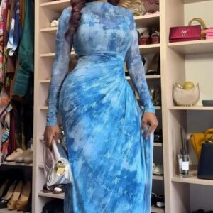 Printed Mesh Maxi Dress With Long Sleeves