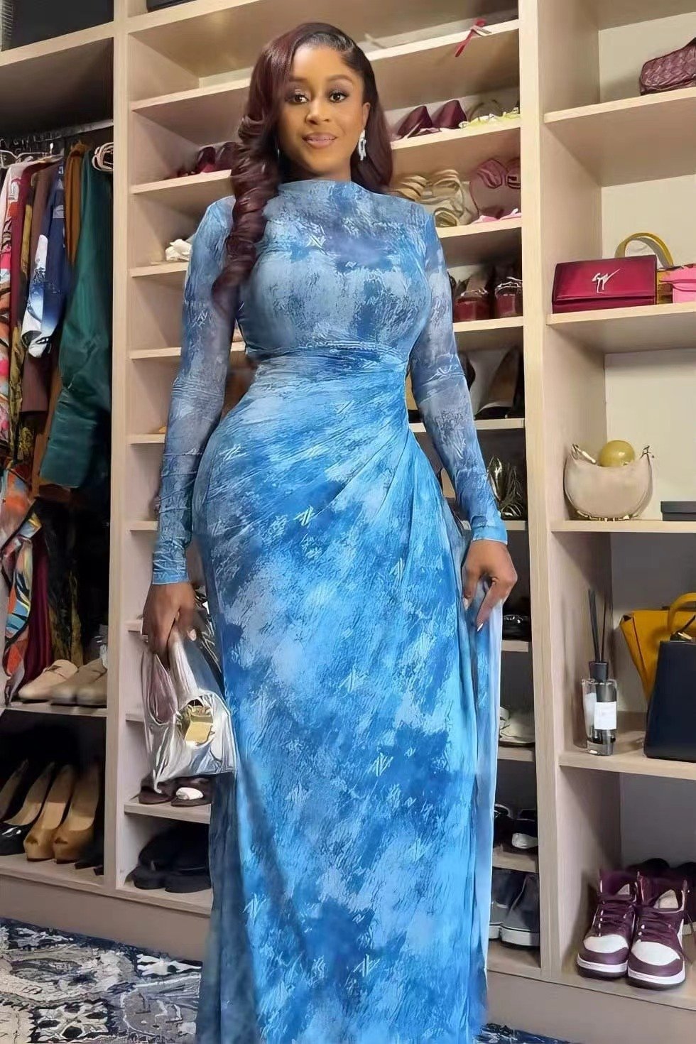 Printed Mesh Maxi Dress With Long Sleeves - Image 6
