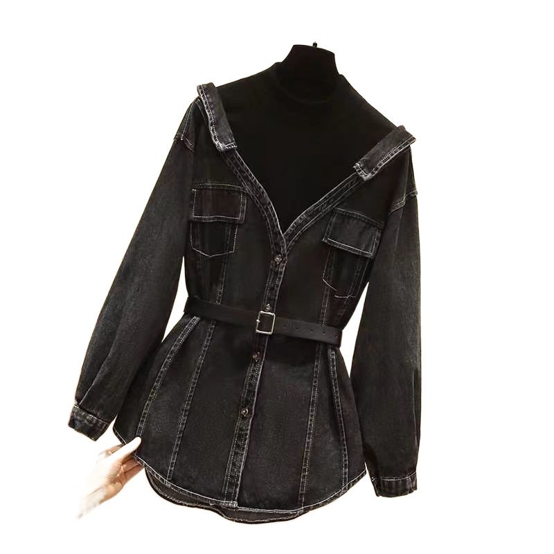 Women's Fashion Waist-Cinching Fake Two-Piece Long Sleeve Denim Jacket - Image 5
