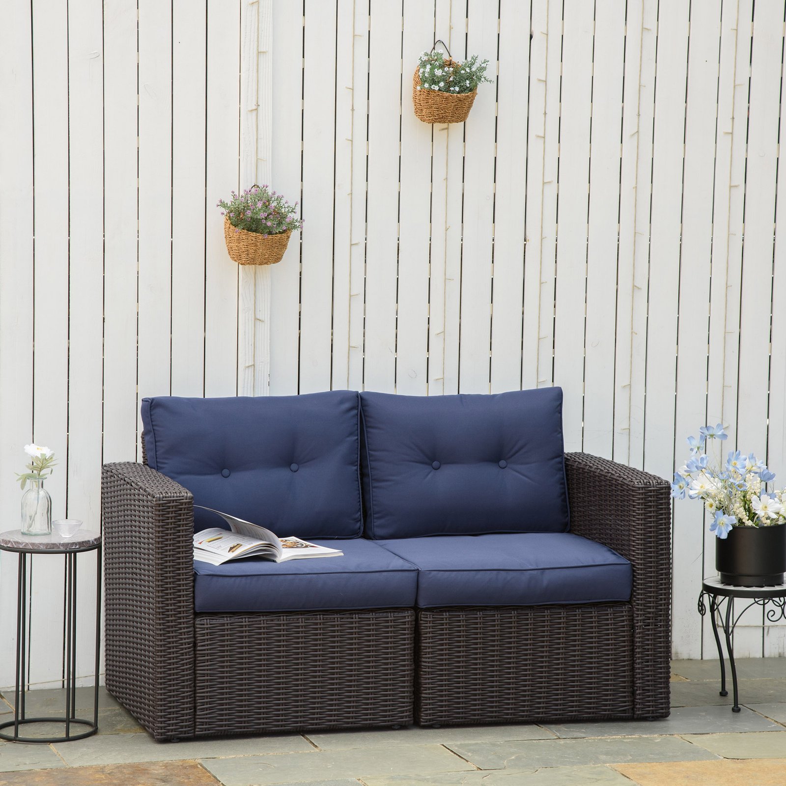 2 Piece Patio Wicker Corner Sofa Set, Outdoor PE Rattan Furniture, with Curved Armrests and Padded Cushions for Balcony, Garden, or Lawn, Dark Blue - Image 2