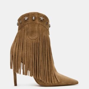 Fringed Studded High-heeled Pointed-toe Ankle Boots With A Side Zipper