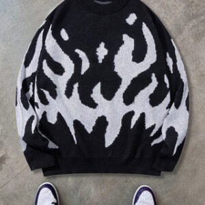 Loose-fitting Crew Neck Design Trendy Avant-garde Black-and-blue Color Scheme Abstract-pattern Knit Sweater