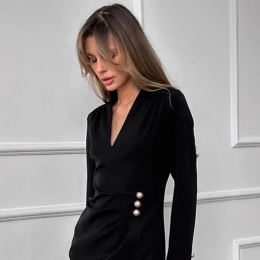 Pearl-button V-neck Long-sleeve Elegant Waist-cinched Dress - Image 2