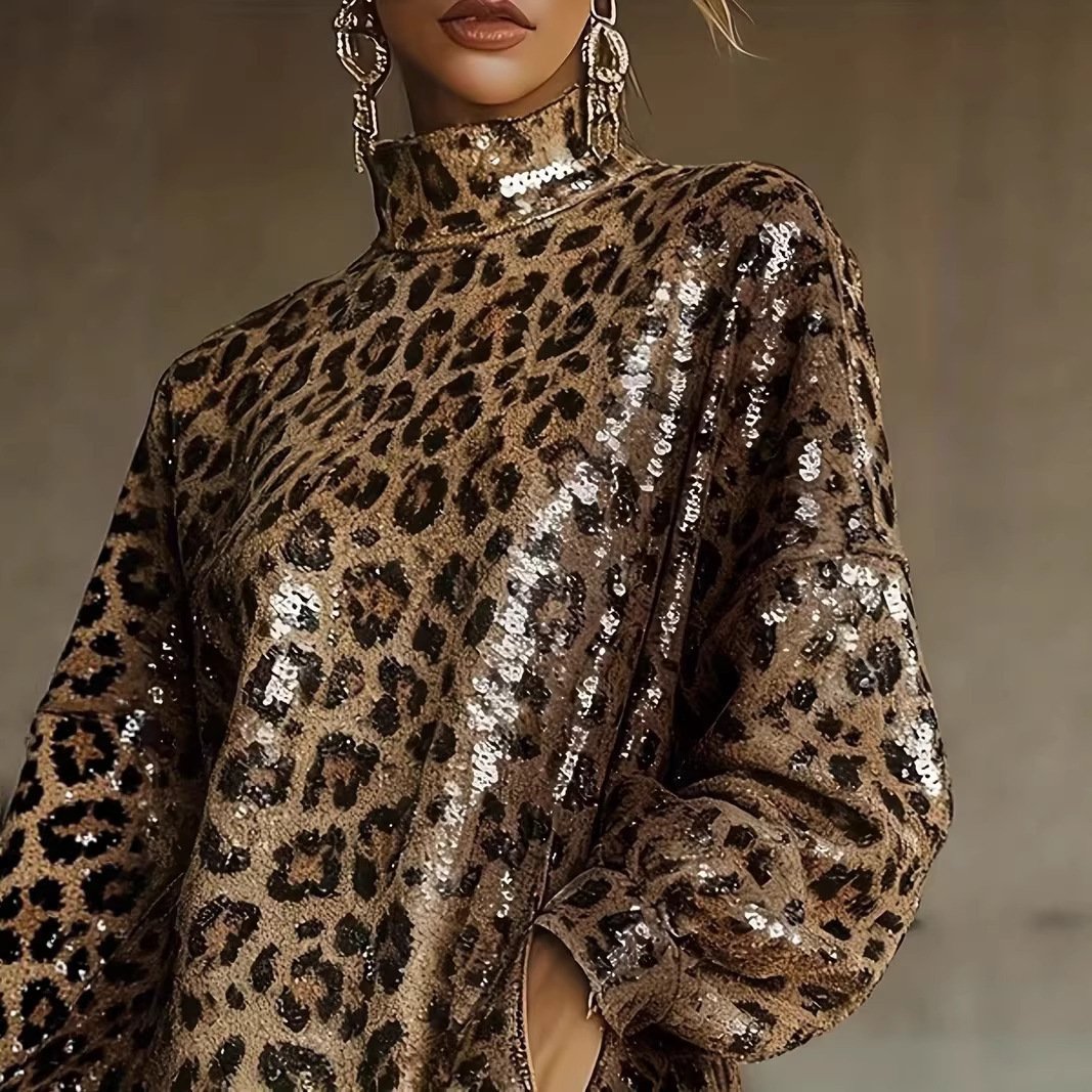 Metallic Brown Sequin High Neck Long Sleeve Tassel Design Cropped Dress With A Leopard Print - Image 3