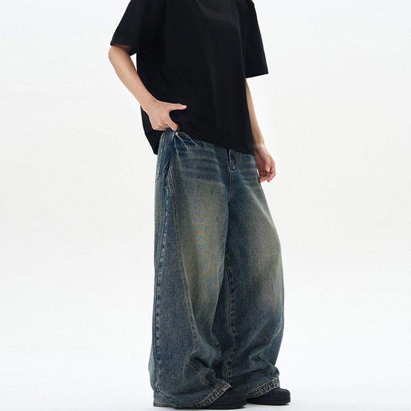 American-style Vintage Blue Washed Tie-dye Bootcut Jeans - Image 3