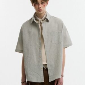 Seersucker Lapel Plaid Shirt Summer Casual Loose
