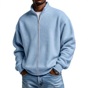 Mens Minimalist Solid-Color Waffle-Weave Stand-Up Collar Zip-Up Jacket