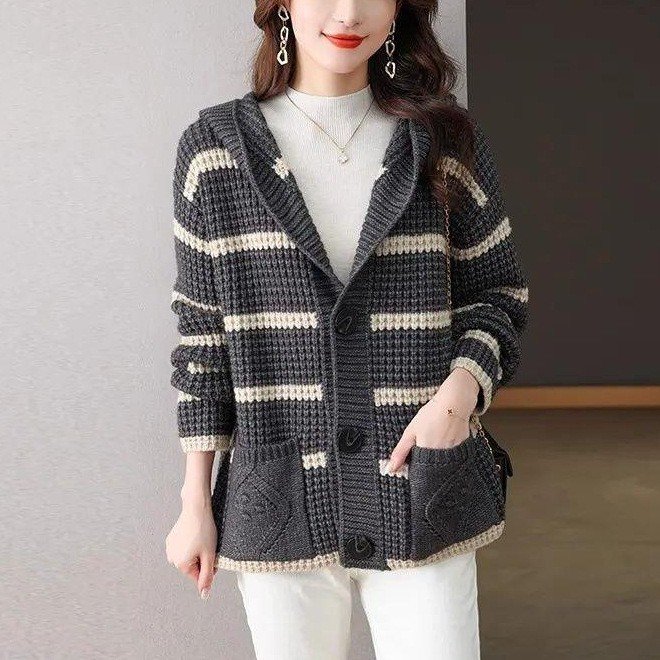 Retro Striped Hooded Cropped Sweater Coat - Image 2